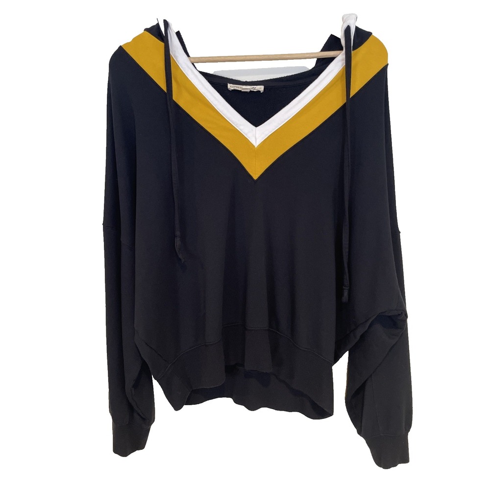 Woman's‎ Sweater With Hood Size M Black Preppy Dark Academia Color Block Sporty
